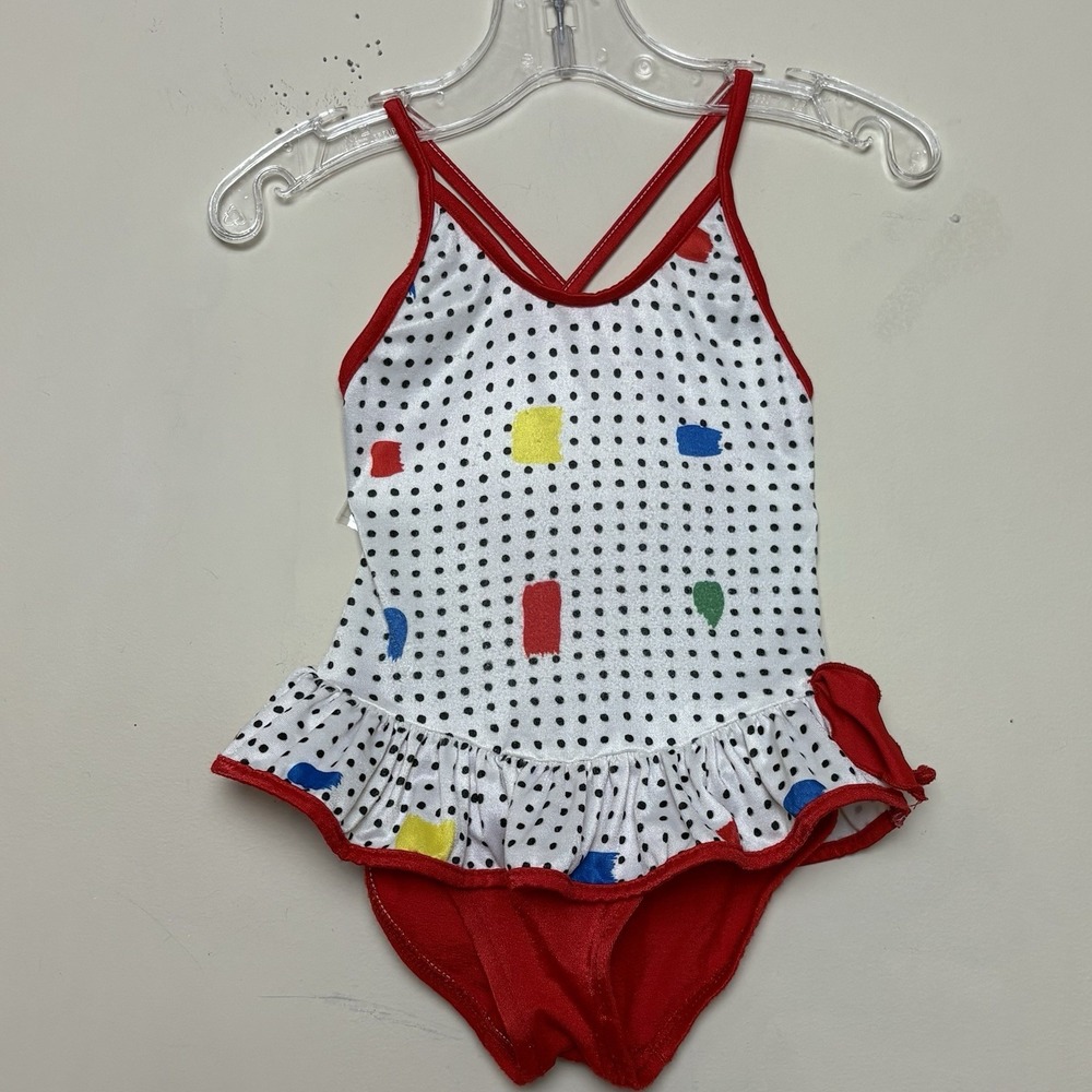 VTG Ruffle Bow Girls White Black PolkaDot Red Trim Swimsuit Bathing Suit 12-18M